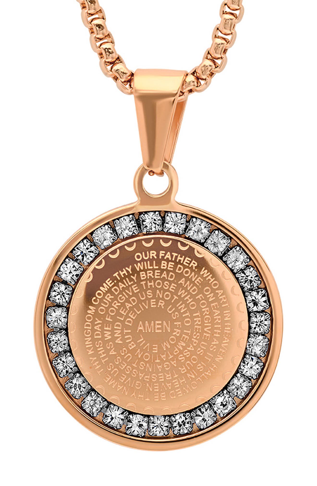 Ladies 18kt Gold Rose Plated Stainless Steel Our Father Lords Prayer Pendant Slanted Heart Comes with 18 Chain Ladies 18kt Gold Rose Plated Stainless Steel Our Father Lords Prayer Pendant Slanted Heart Comes with 18 Chain